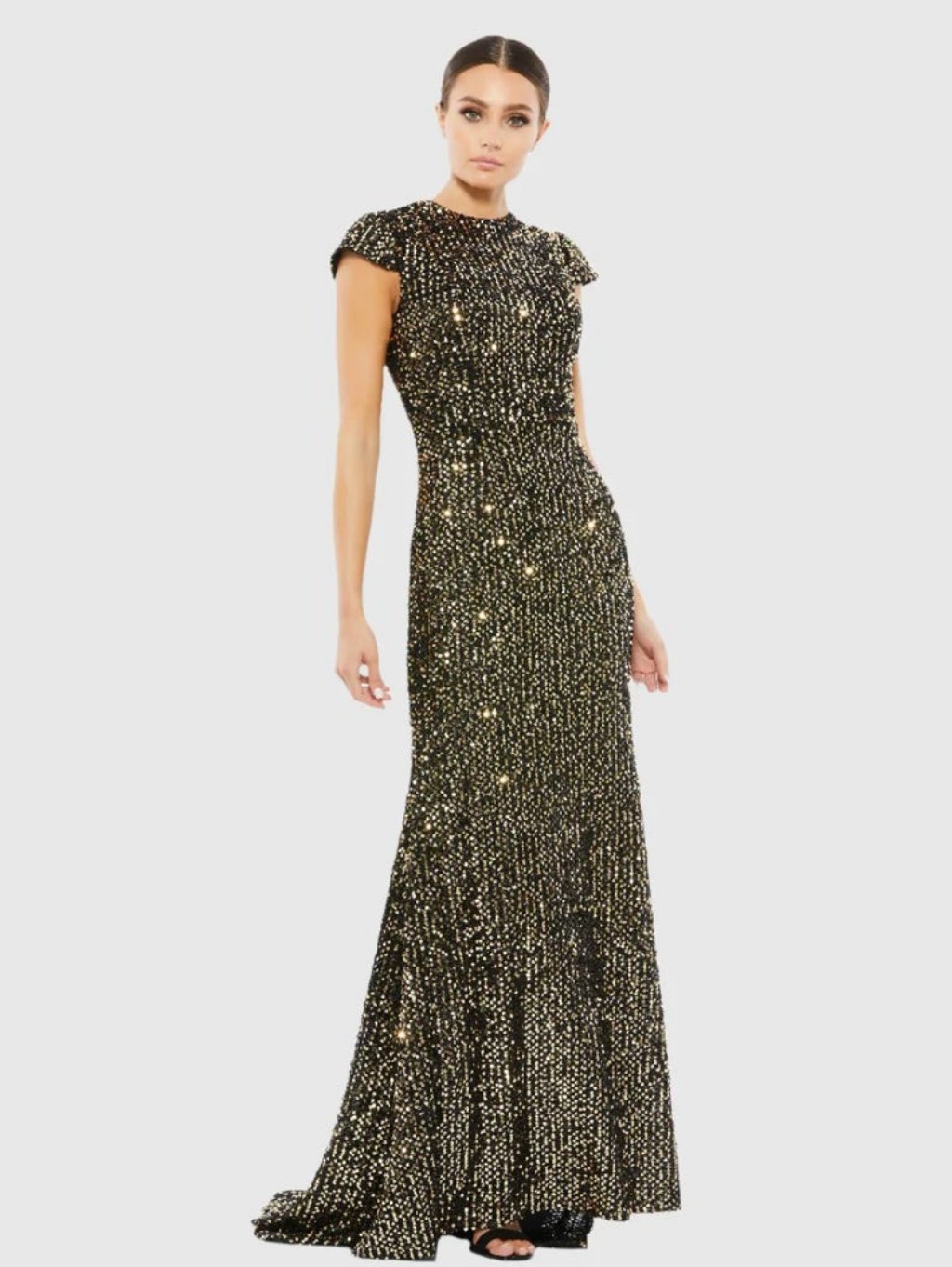 Mac Duggal Black & Gold Sequin Evening Gown -Elegant Cap Sleeve Dress Nwt Size 6